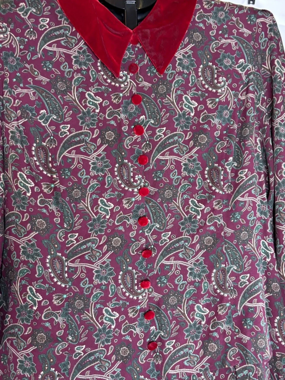 Vtg Halmoed Petites Paisley Smocked Christmas Dress With Velvet Collar/Buttons - Picture 2 of 8